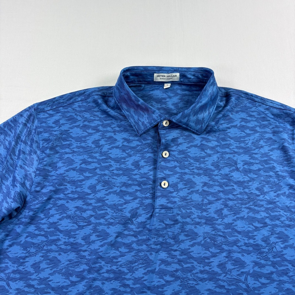 Peter Millar Golf Polo Shirt Mens L Blue Fish Print Summer Comfort Performance